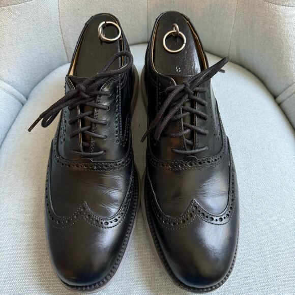 COLE HAAN Men Grand.OS Wingtip Leather Oxford Black Shoes Sz 10M Classic - Picture 3 of 11